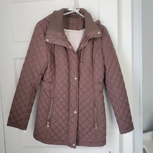 Calvin Klein quilted jacket w/hood, chocolate brown, good condition, Size M